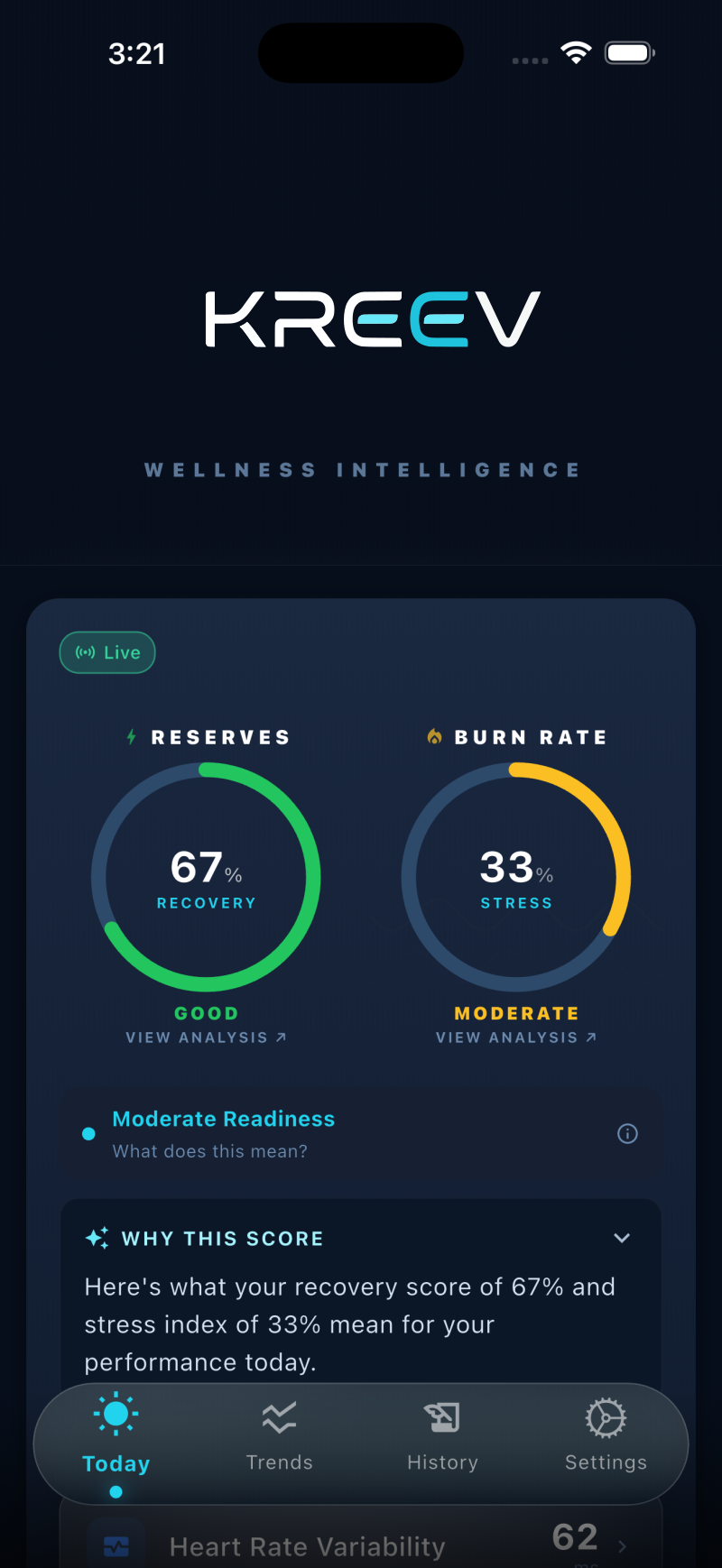 Kreev app — Recovery Score dashboard